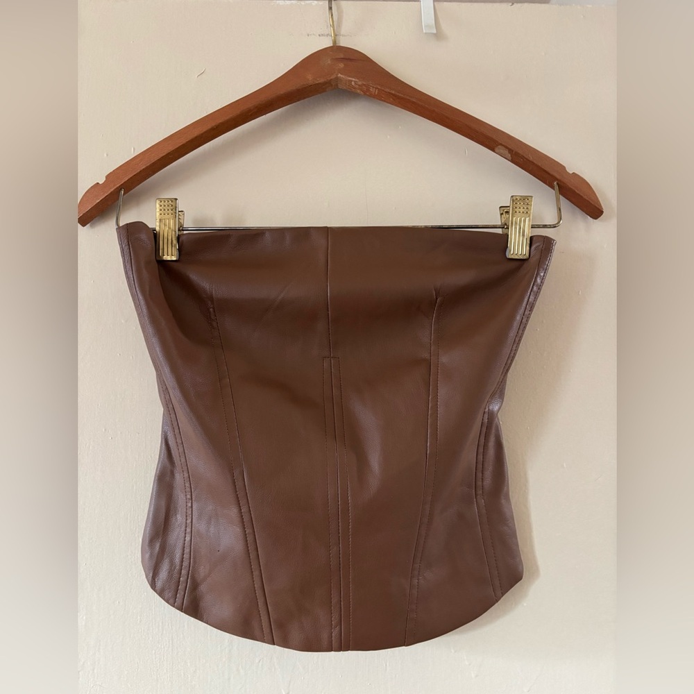 Stradivarius Brown Faux Leather Strapless Corset Top
